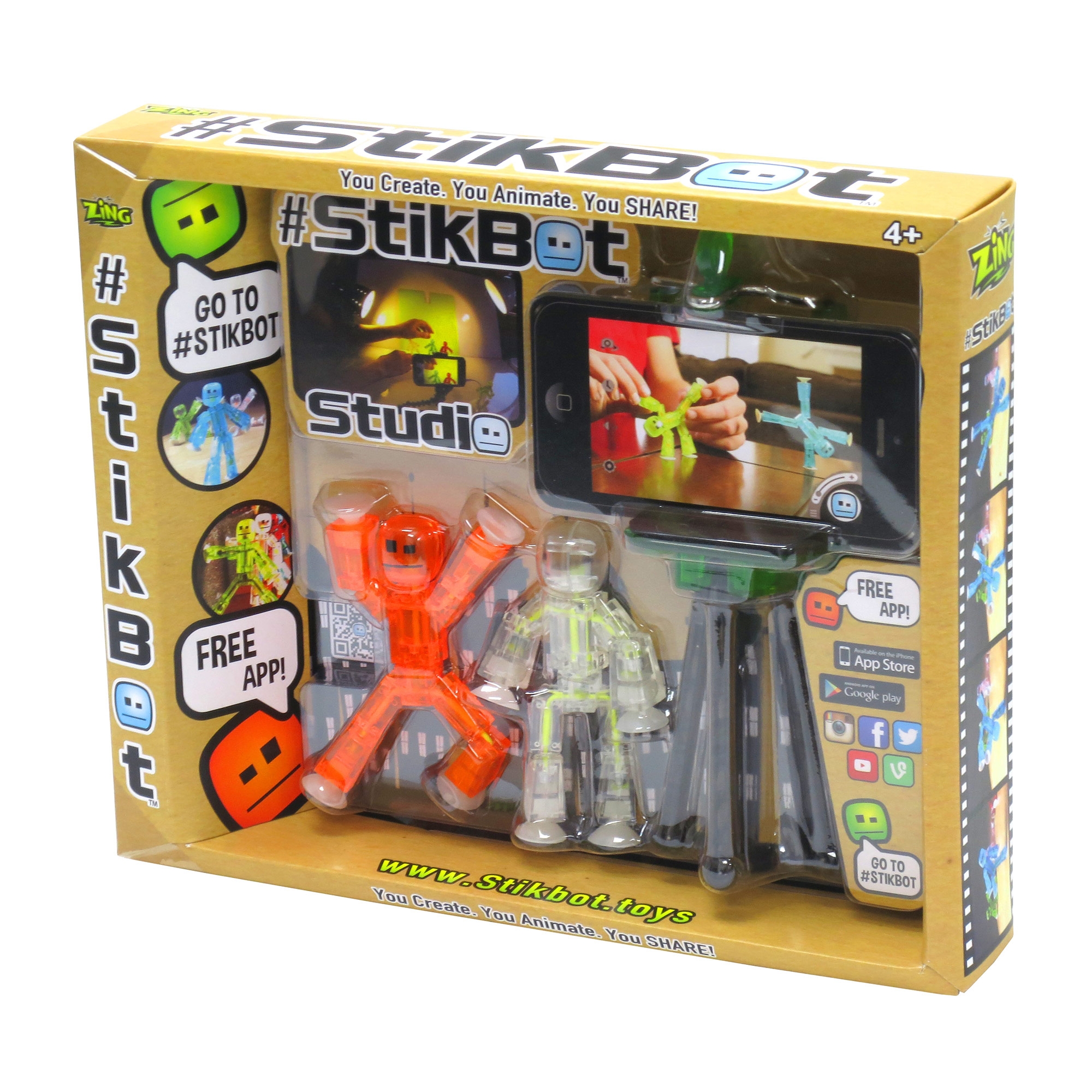Zing Stikbot, Set of 8 Clear Collectable Action Figures and Mobile Phone Tripod, Create Stop Motion Animation